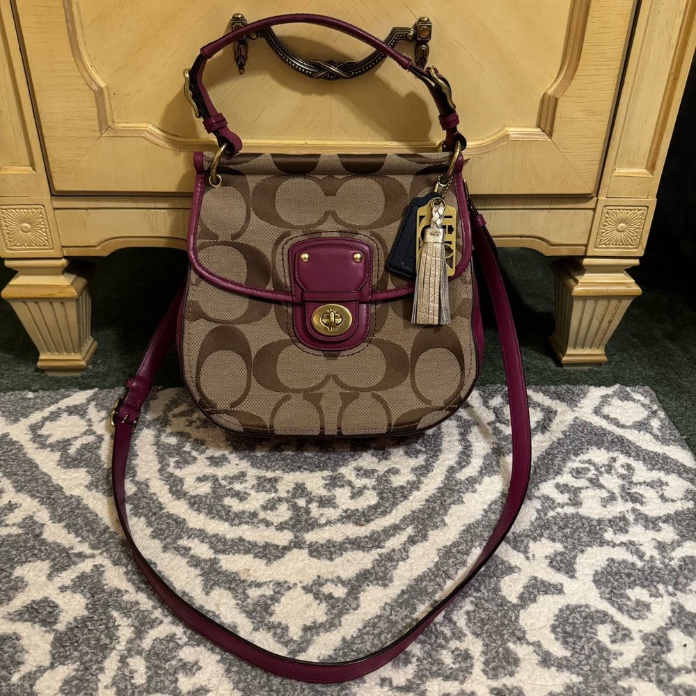 Coach Willis Poppy Signature Brown and Purple Crossbody Bag
